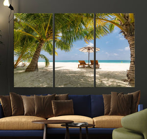Lounge Chairs Palm Trees on Tropical Beach Canvas Wall Art