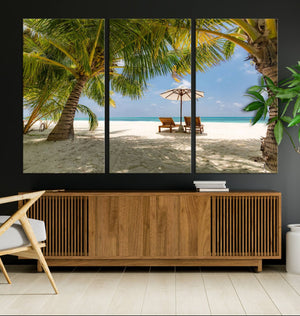 Lounge Chairs Palm Trees on Tropical Beach Canvas Wall Art