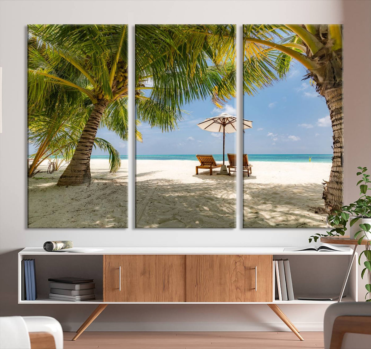 Lounge Chairs Palm Trees on Tropical Beach Canvas Wall Art