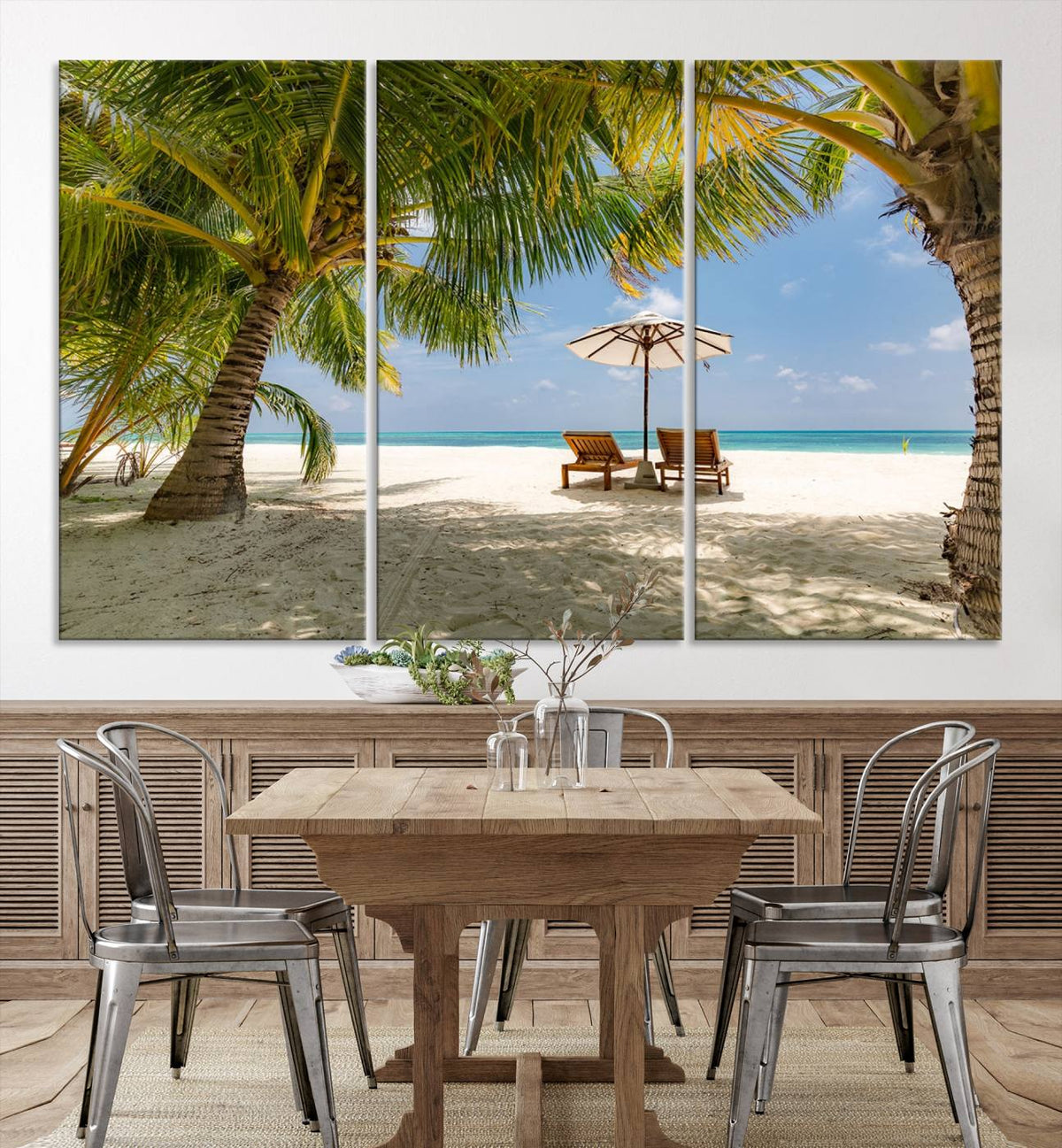 Lounge Chairs Palm Trees on Tropical Beach Canvas Wall Art