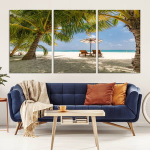 Lounge Chairs Palm Trees on Tropical Beach Canvas Wall Art