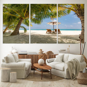 Lounge Chairs Palm Trees on Tropical Beach Canvas Wall Art