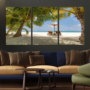 Lounge Chairs Palm Trees on Tropical Beach Canvas Wall Art
