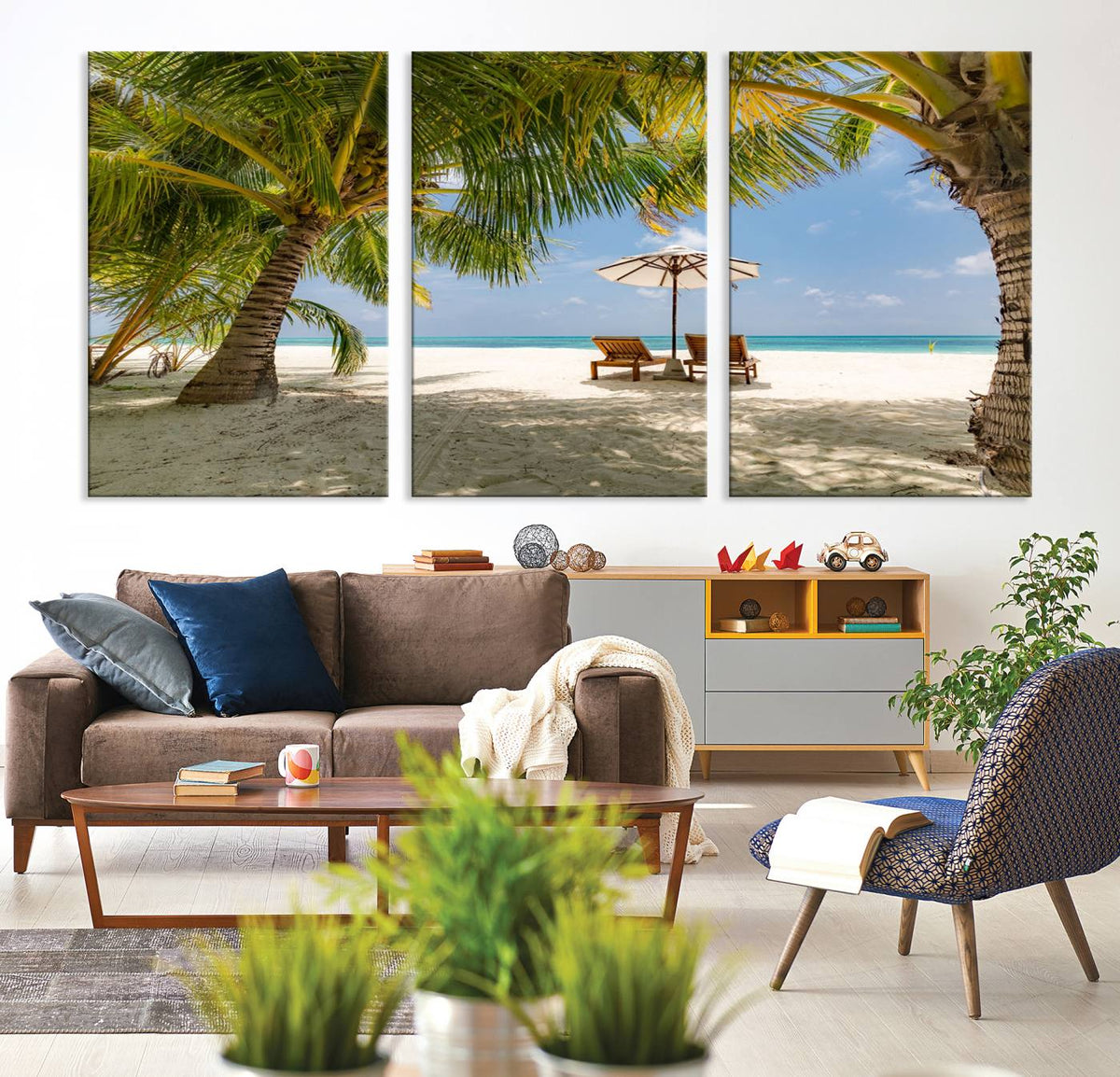 Lounge Chairs Palm Trees on Tropical Beach Canvas Wall Art
