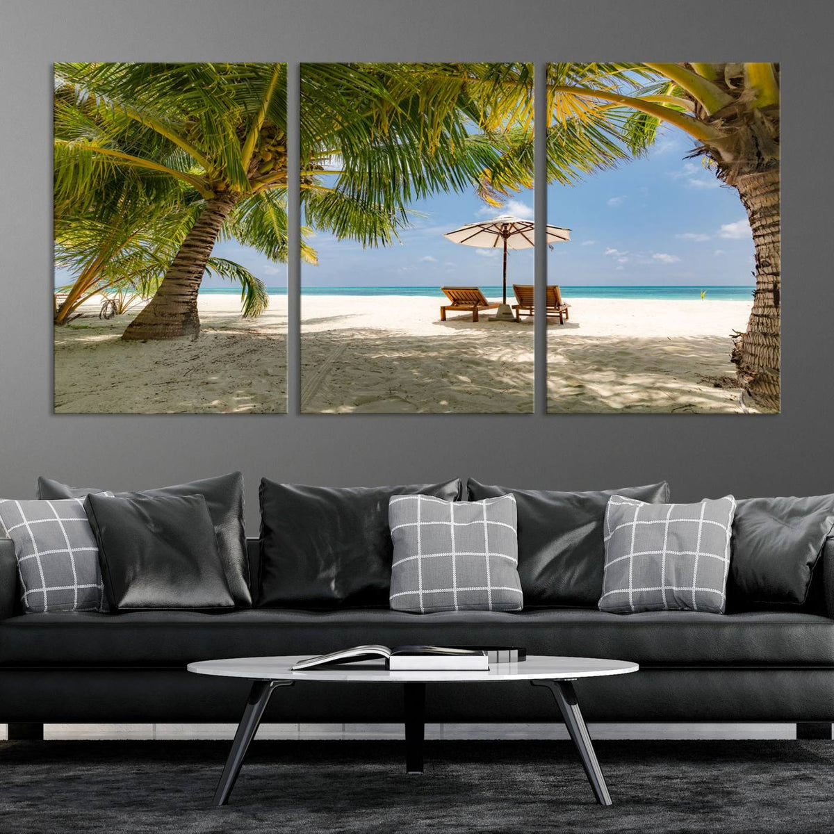 Lounge Chairs Palm Trees on Tropical Beach Canvas Wall Art