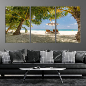 Lounge Chairs Palm Trees on Tropical Beach Canvas Wall Art