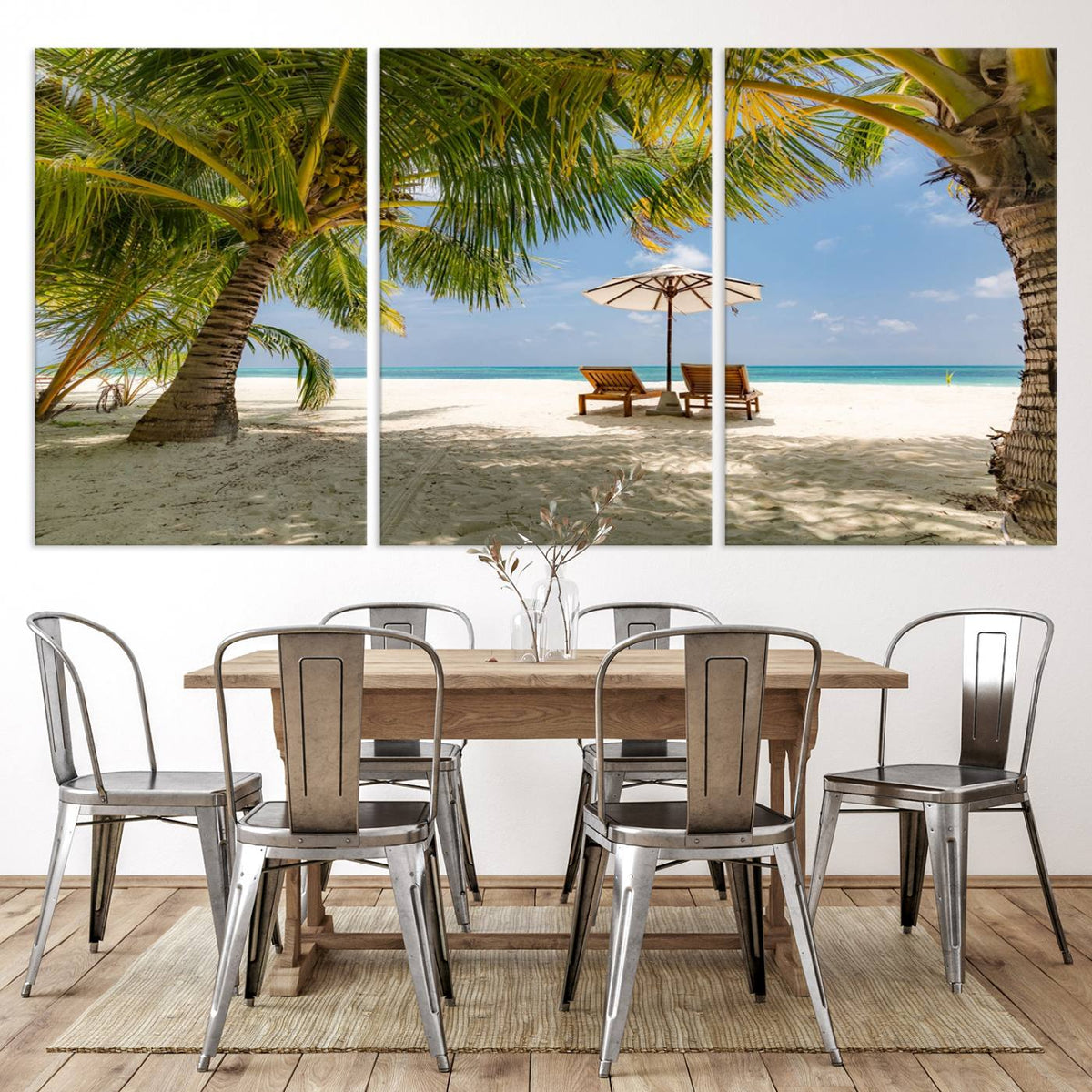 Lounge Chairs Palm Trees on Tropical Beach Canvas Wall Art