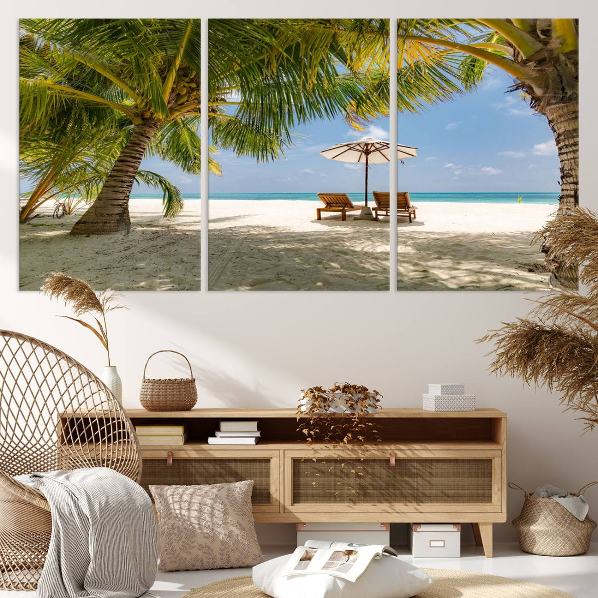 Lounge Chairs Palm Trees on Tropical Beach Canvas Wall Art