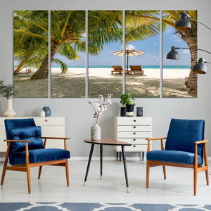 Lounge Chairs Palm Trees on Tropical Beach Canvas Wall Art