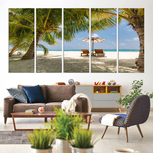 Lounge Chairs Palm Trees on Tropical Beach Canvas Wall Art