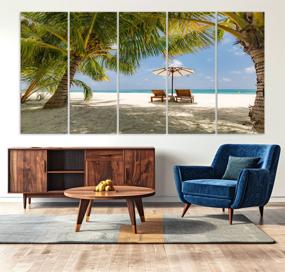 Lounge Chairs Palm Trees on Tropical Beach Canvas Wall Art