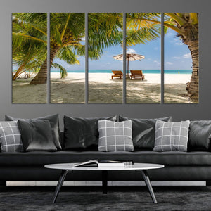 Lounge Chairs Palm Trees on Tropical Beach Canvas Wall Art
