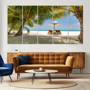 Lounge Chairs Palm Trees on Tropical Beach Canvas Wall Art