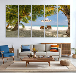 Lounge Chairs Palm Trees on Tropical Beach Canvas Wall Art