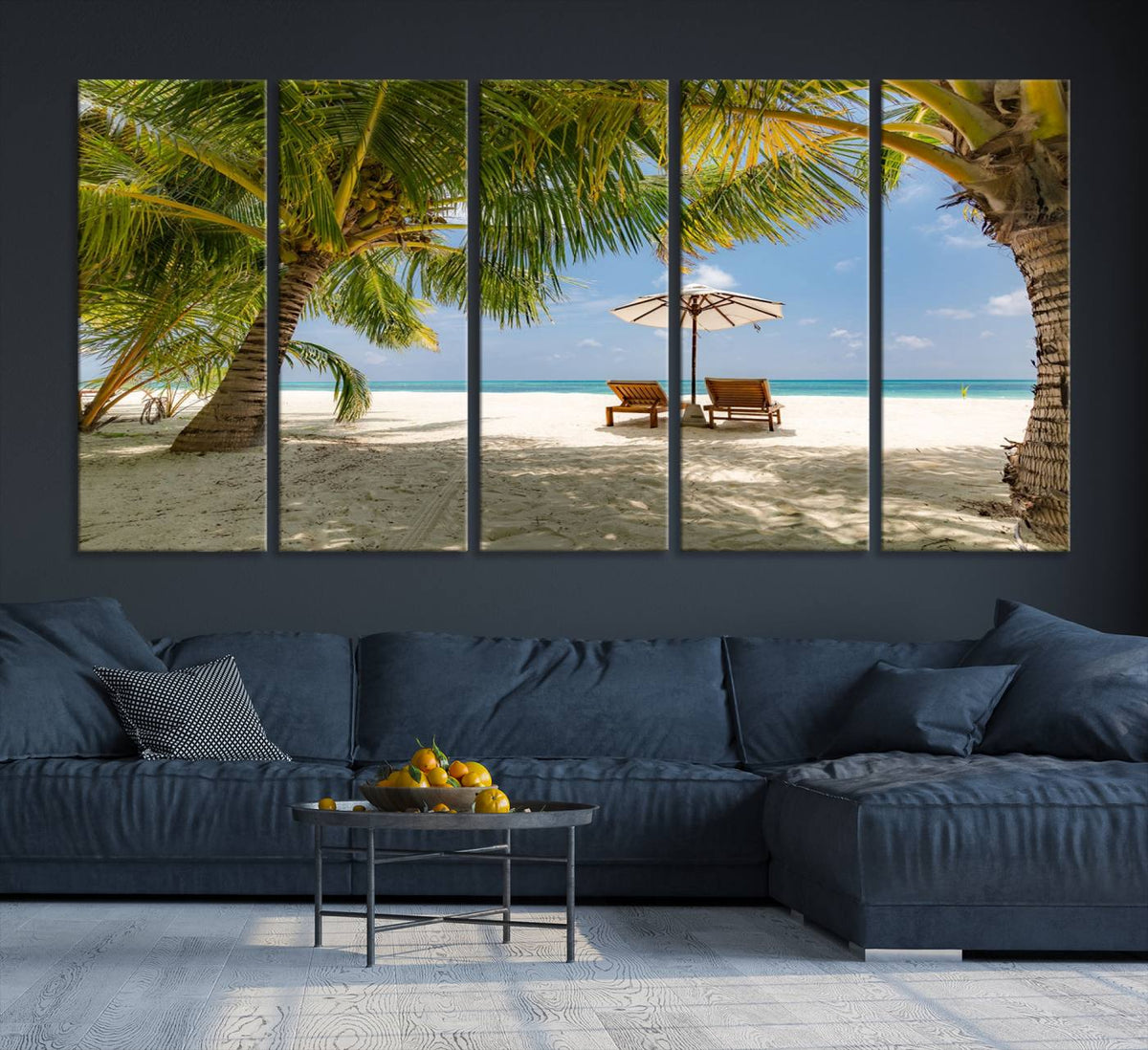 Lounge Chairs Palm Trees on Tropical Beach Canvas Wall Art