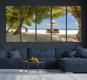 Lounge Chairs Palm Trees on Tropical Beach Canvas Wall Art