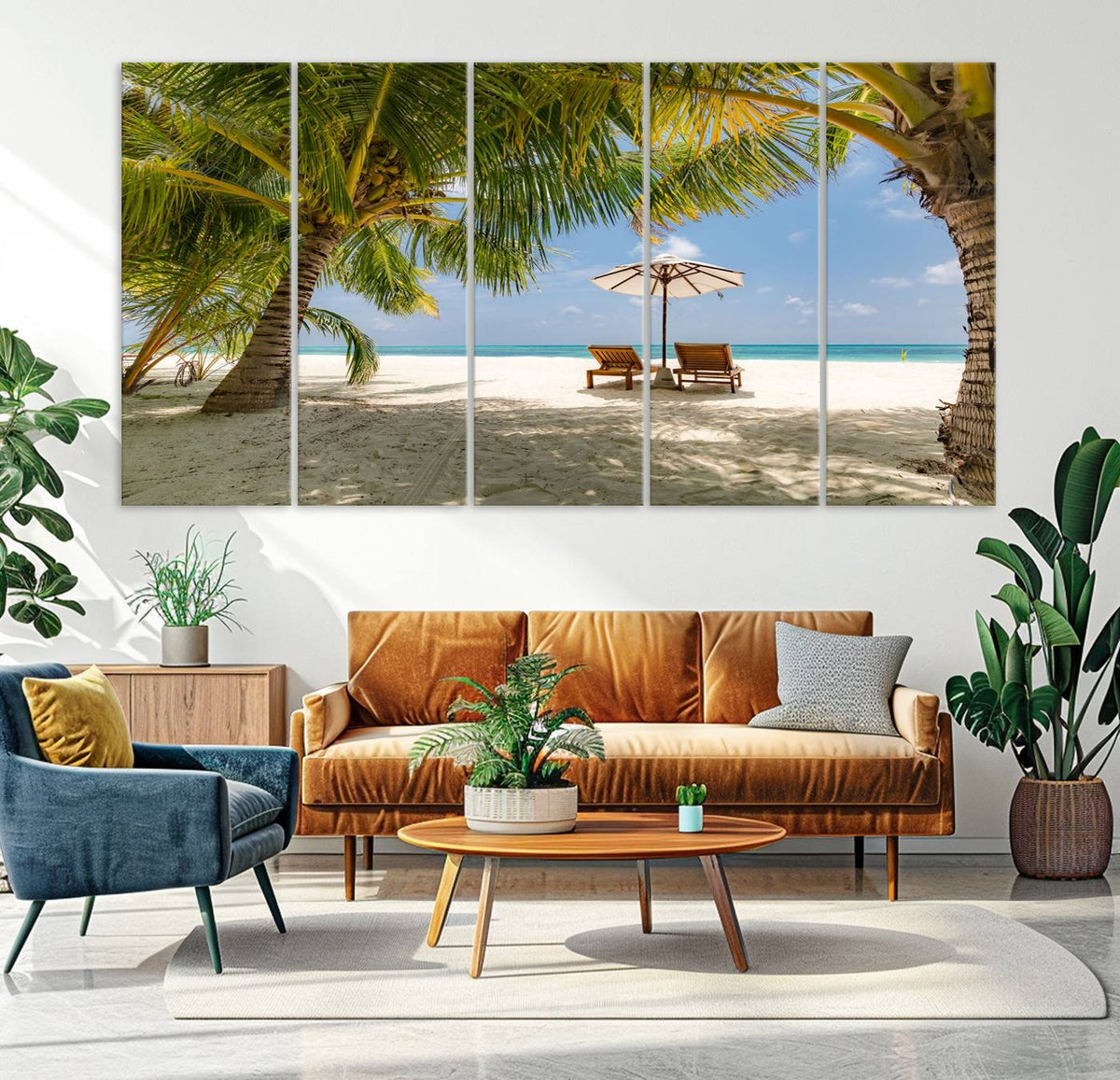 Lounge Chairs Palm Trees on Tropical Beach Canvas Wall Art