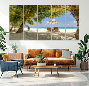 Lounge Chairs Palm Trees on Tropical Beach Canvas Wall Art