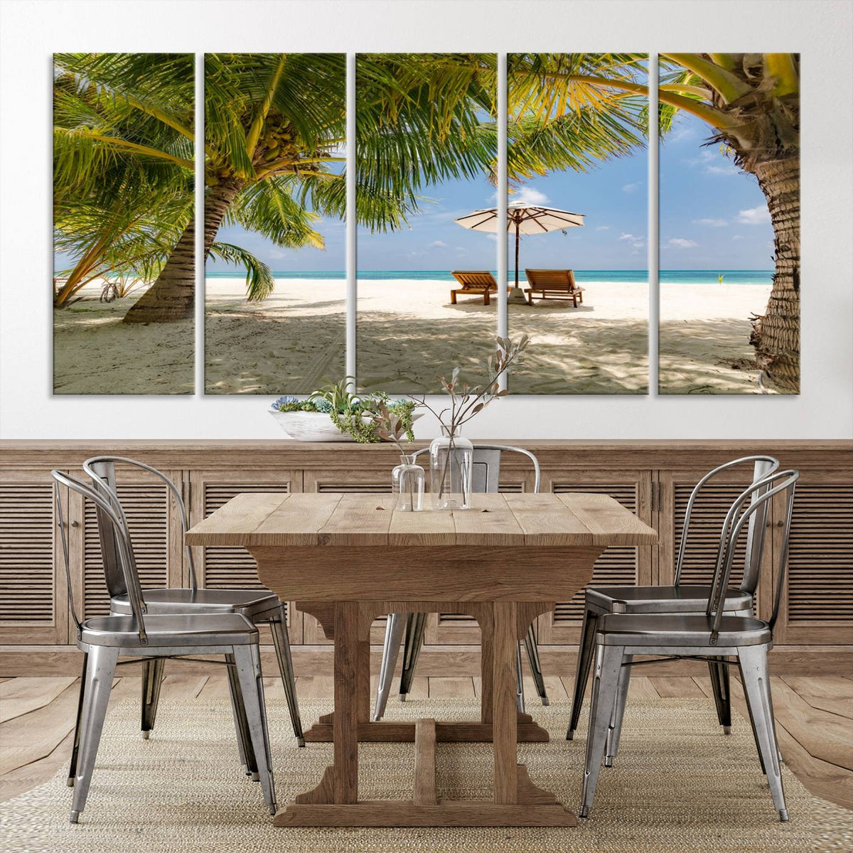 Lounge Chairs Palm Trees on Tropical Beach Canvas Wall Art