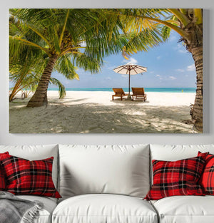 Lounge Chairs Palm Trees on Tropical Beach Canvas Wall Art