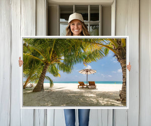 Lounge Chairs Palm Trees on Tropical Beach Canvas Wall Art