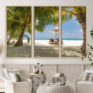 Lounge Chairs Palm Trees on Tropical Beach Canvas Wall Art