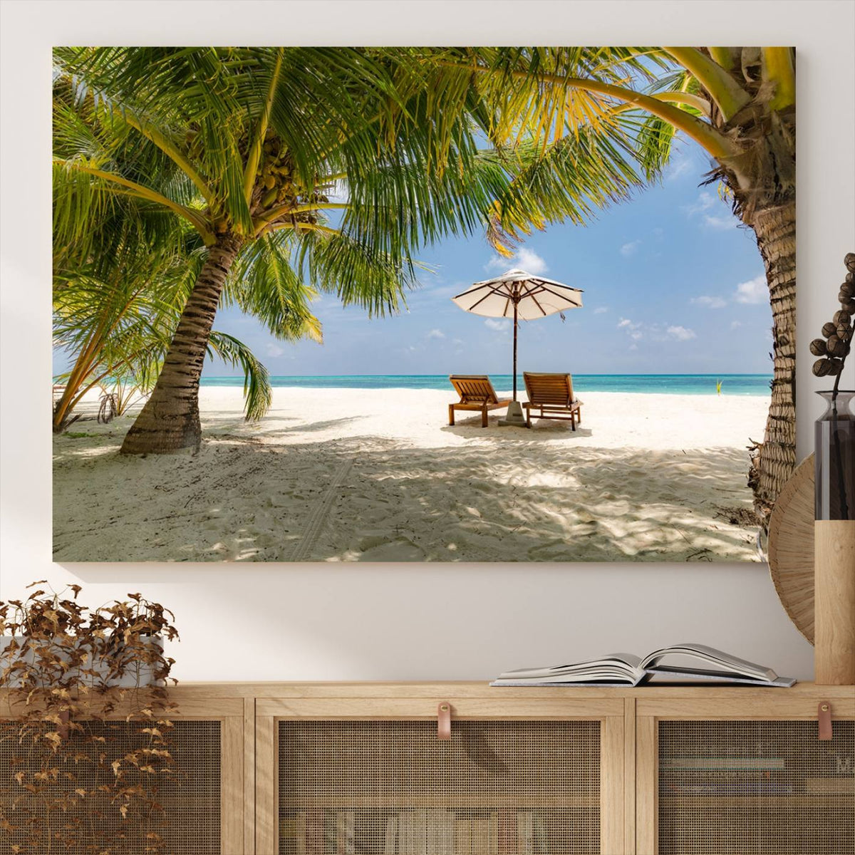 Lounge Chairs Palm Trees on Tropical Beach Canvas Wall Art