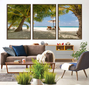 Lounge Chairs Palm Trees on Tropical Beach Canvas Wall Art