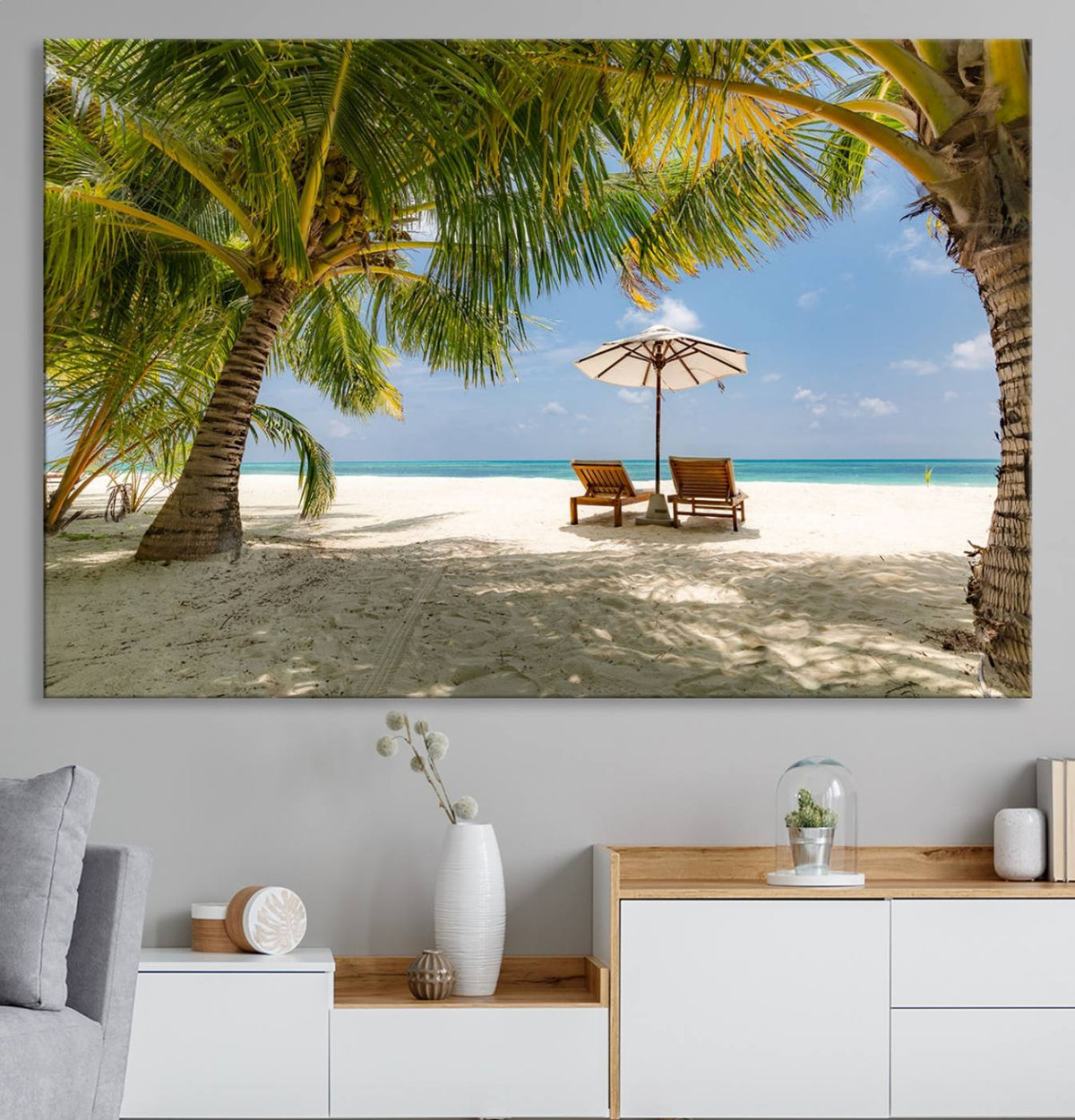Lounge Chairs Palm Trees on Tropical Beach Canvas Wall Art