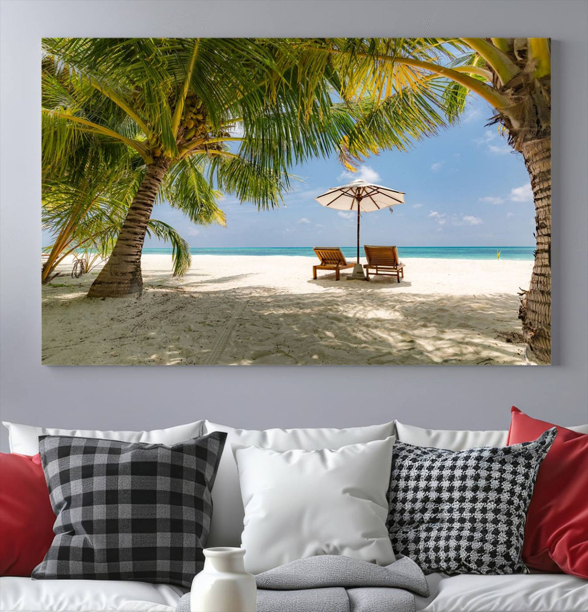 Lounge Chairs Palm Trees on Tropical Beach Canvas Wall Art
