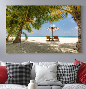 Lounge Chairs Palm Trees on Tropical Beach Canvas Wall Art