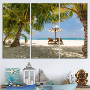 Lounge Chairs Palm Trees on Tropical Beach Canvas Wall Art