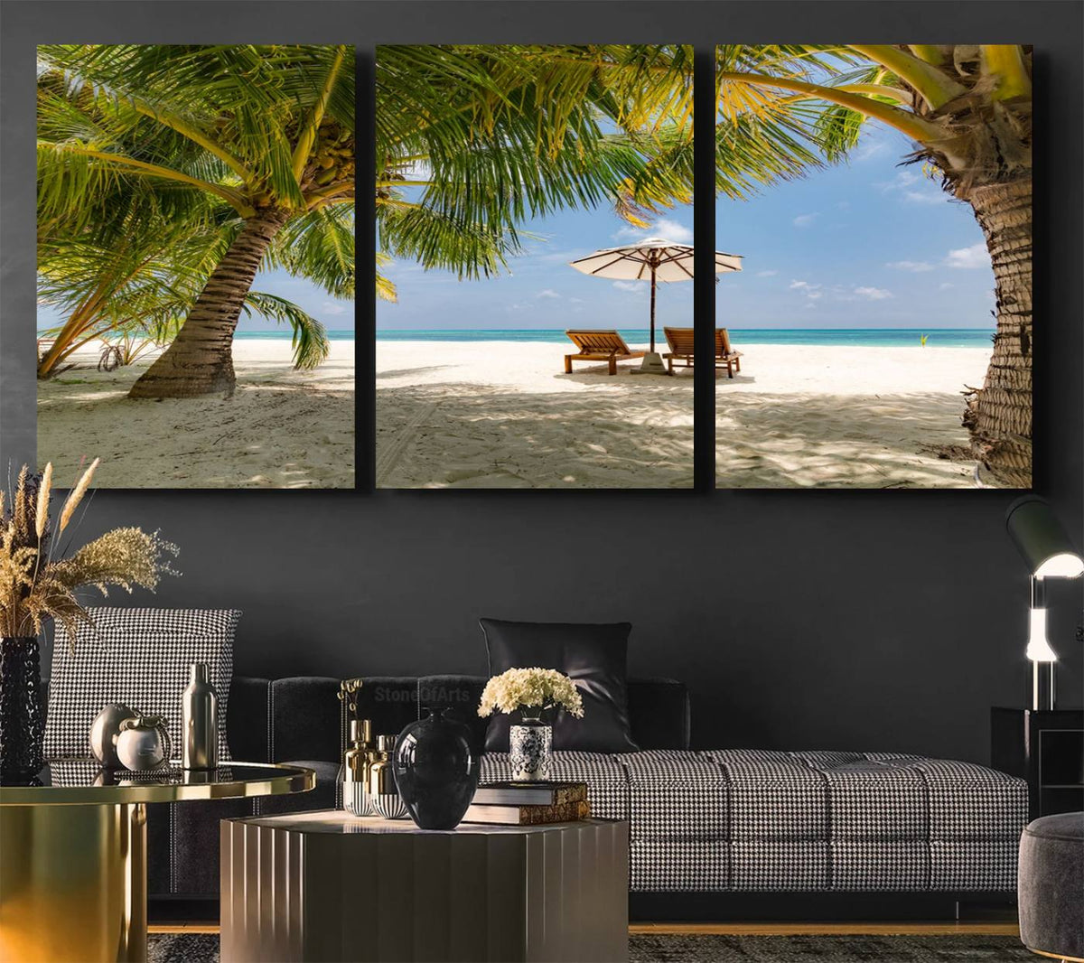 Lounge Chairs Palm Trees on Tropical Beach Canvas Wall Art
