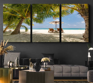 Lounge Chairs Palm Trees on Tropical Beach Canvas Wall Art
