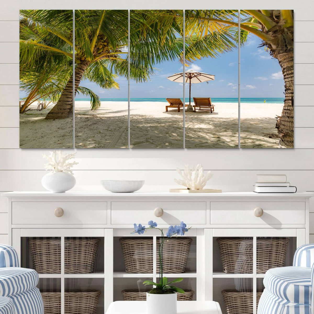 Lounge Chairs Palm Trees on Tropical Beach Canvas Wall Art