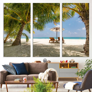 Lounge Chairs Palm Trees on Tropical Beach Canvas Wall Art
