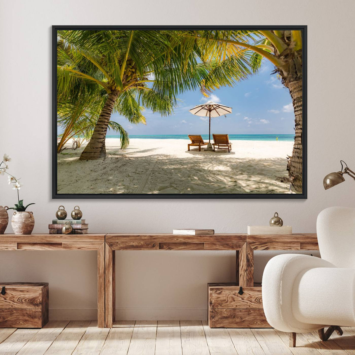 Lounge Chairs Palm Trees on Tropical Beach Canvas Wall Art