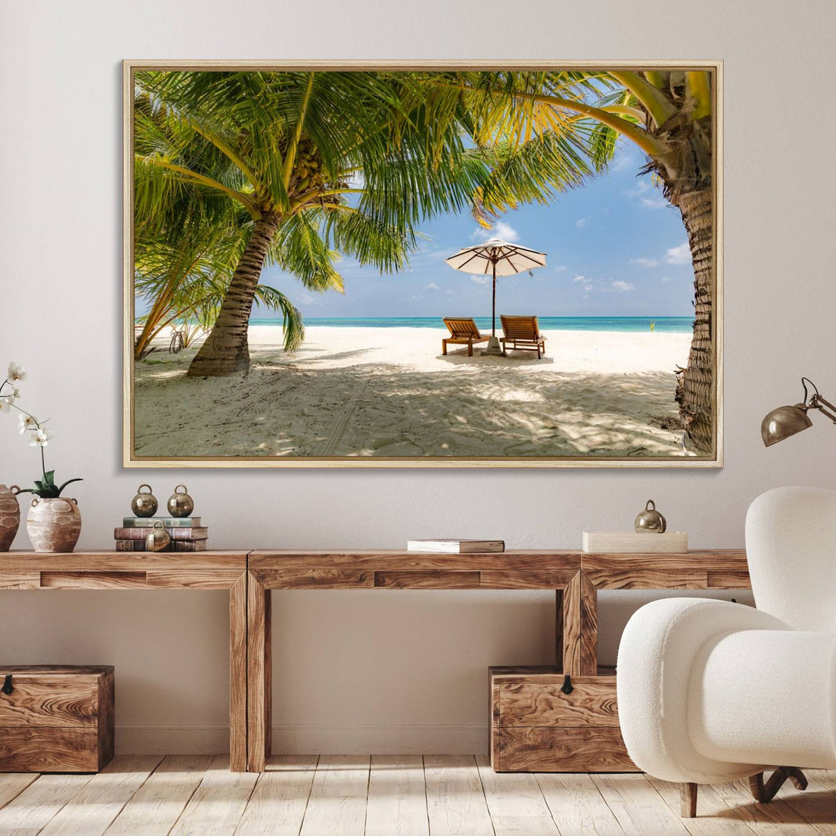 Lounge Chairs Palm Trees on Tropical Beach Canvas Wall Art