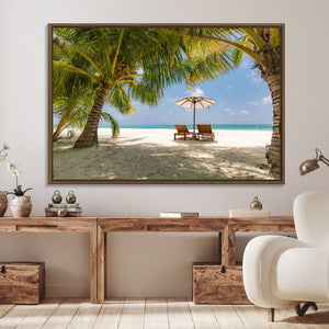 Lounge Chairs Palm Trees on Tropical Beach Canvas Wall Art