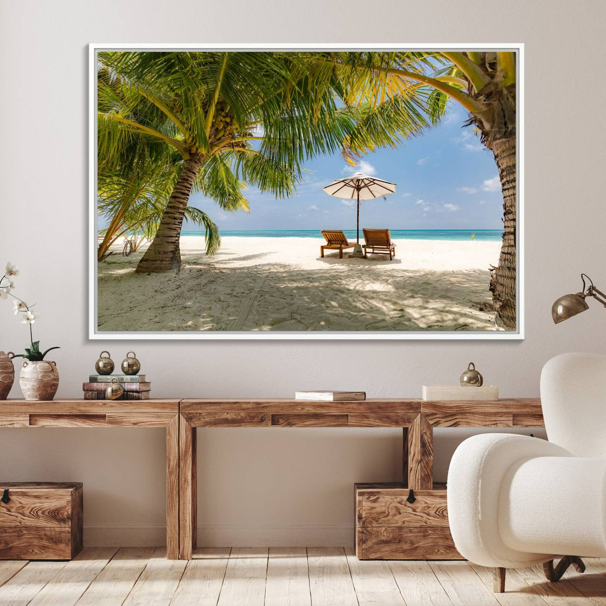 Lounge Chairs Palm Trees on Tropical Beach Canvas Wall Art