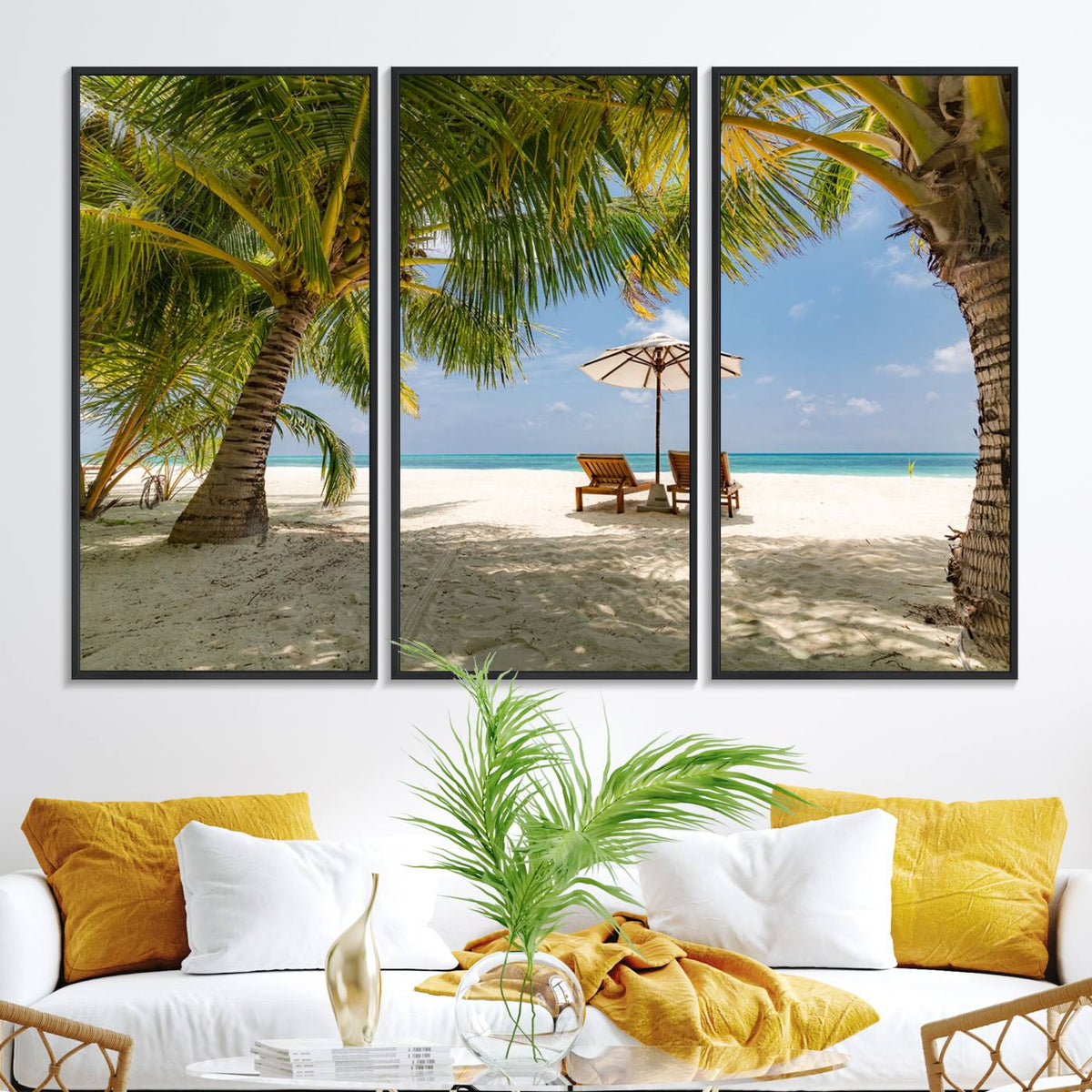Lounge Chairs Palm Trees on Tropical Beach Canvas Wall Art
