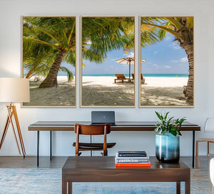 Lounge Chairs Palm Trees on Tropical Beach Canvas Wall Art
