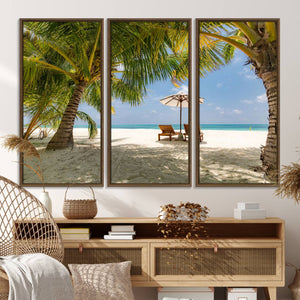 Lounge Chairs Palm Trees on Tropical Beach Canvas Wall Art