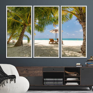 Lounge Chairs Palm Trees on Tropical Beach Canvas Wall Art