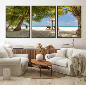 Lounge Chairs Palm Trees on Tropical Beach Canvas Wall Art