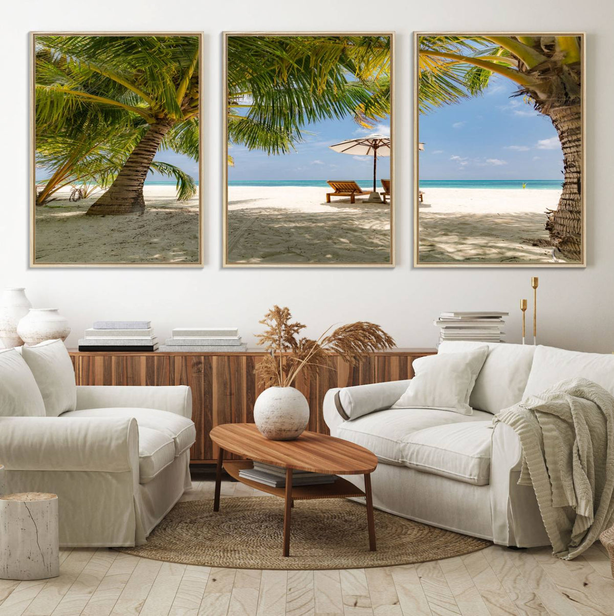Lounge Chairs Palm Trees on Tropical Beach Canvas Wall Art