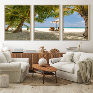Lounge Chairs Palm Trees on Tropical Beach Canvas Wall Art