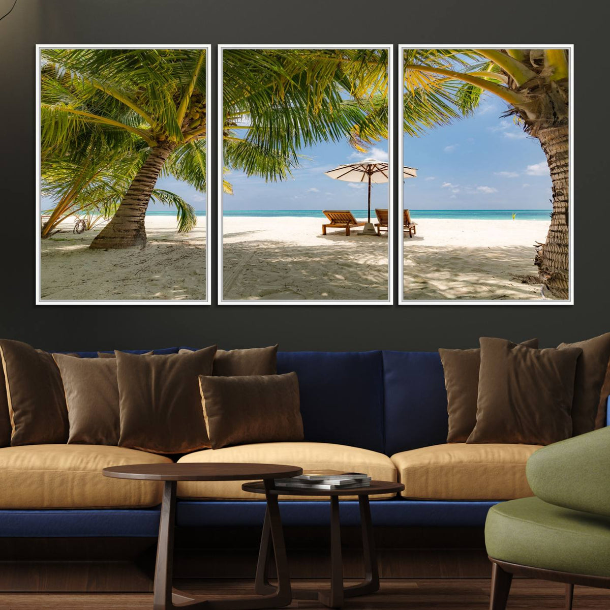 Lounge Chairs Palm Trees on Tropical Beach Canvas Wall Art