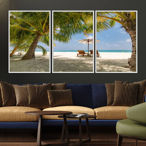 Lounge Chairs Palm Trees on Tropical Beach Canvas Wall Art
