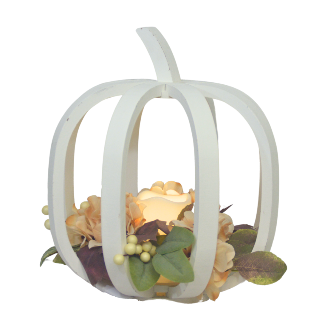 Harvest white pumpkin with floral and led candle